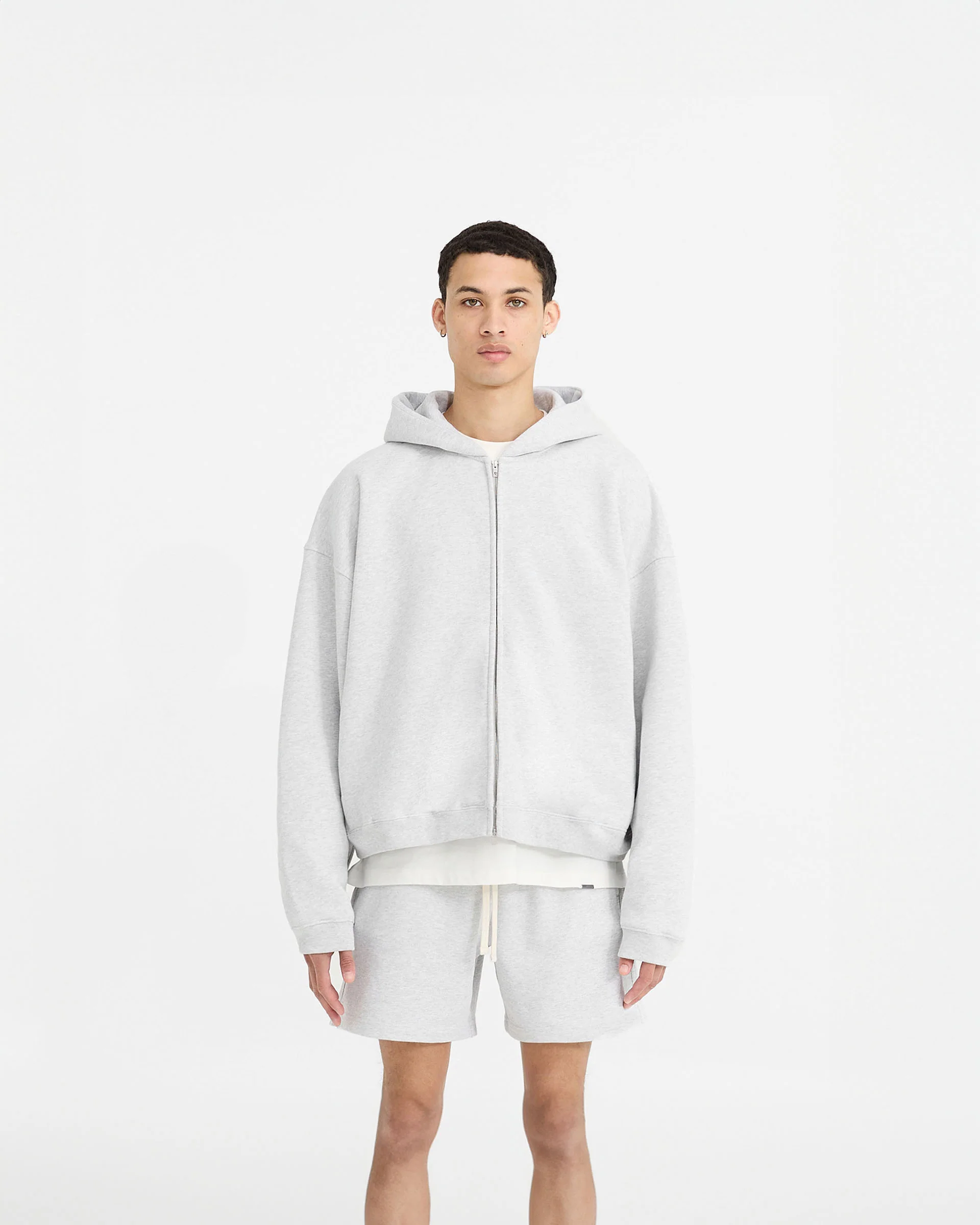 Initial Boxy Zip Through Hoodie - Ice Grey Marl - Image 3